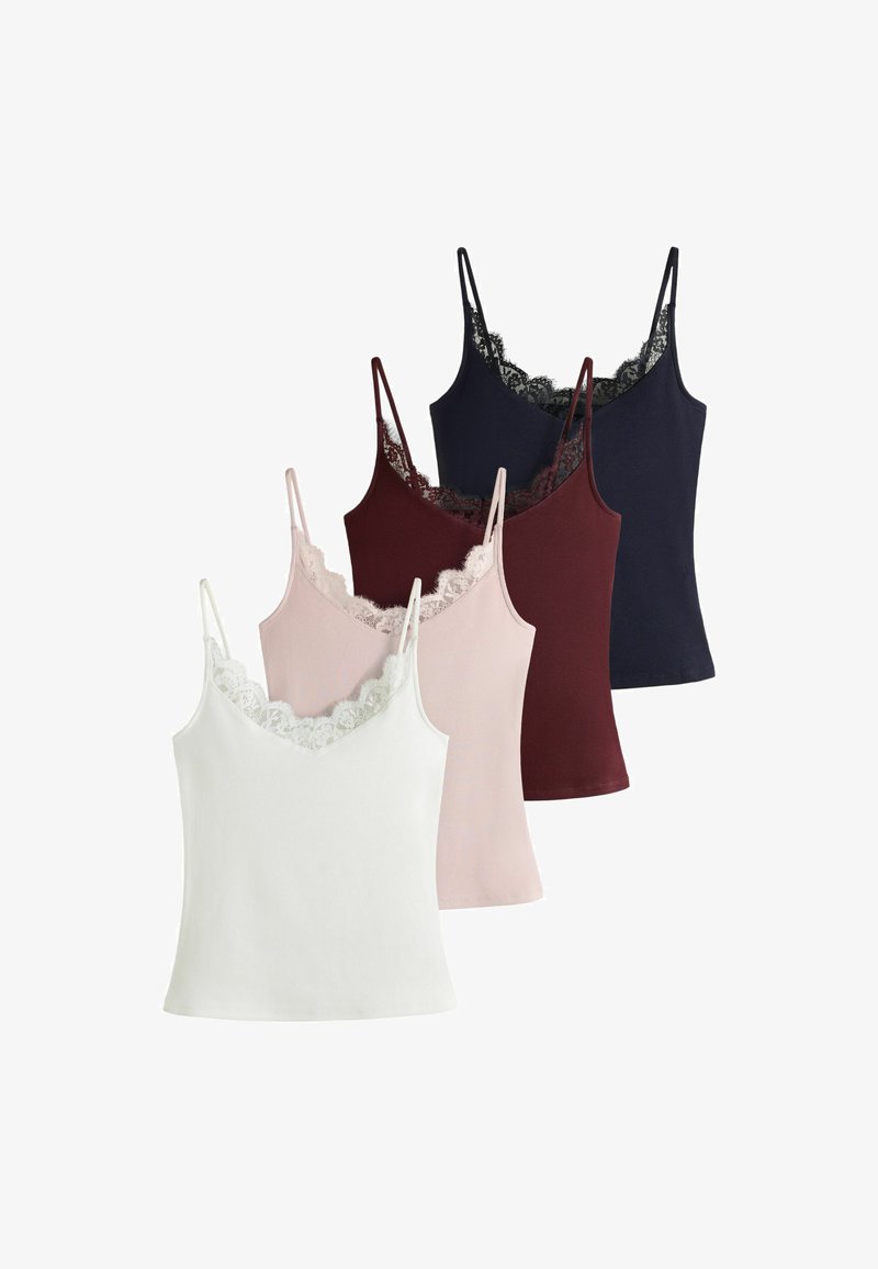 Four lace-trimmed camisole tops in white, light pink, burgundy, and black, arranged overlapping on a white background.