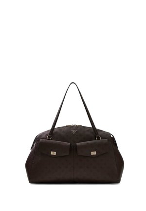 Sac à main en cuir marron foncé avec motifs embossés, deux poches avant à rabat avec fermoirs métalliques, et doubles bretelles.