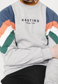 Grijze sweater met mouwen in meerdere kleuren: blauw, groen, koraal en wit. Voorzien van geborduurd merkembleem "KAOTIKO" op de voorkant.