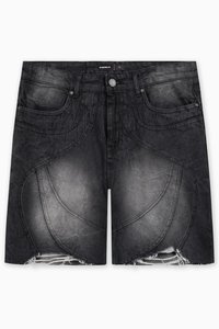 Black denim shorts with a faded effect, featuring curved stitching details, frayed hems, and five-pocket design. Button closure at waist.