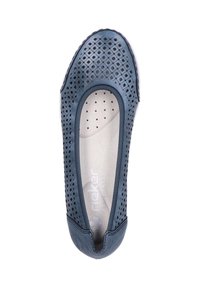 Navy blue slip-on shoe with perforated upper, round toe, padded insole, and rubber sole. Features a smooth texture and minimal branding.