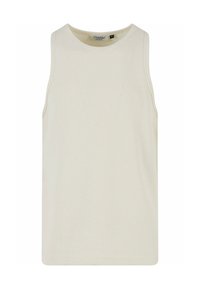 Lys beige ermeløs topp med et teksturert mesh-mønster og rund hals, laget av pustende materiale, designet for hverdagsbruk.