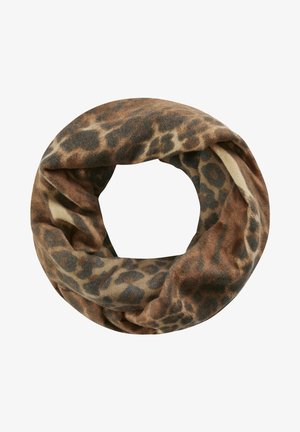 Zachte stoffen infinity-sjaal met een bruin en beige luipaardprintpatroon, gerangschikt in een cirkelvormige lus.