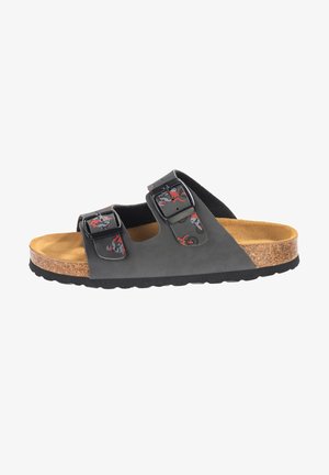 Czarne skórzane sandały z dwoma regulowanymi paskami, korkową wkładką i teksturowaną gumową podeszwą. Ozdobione kolorowymi grafikami z kotami.