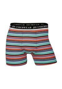 Striped boxers featuring horizontal lines in coral, green, black, and lavender. Black waistband with "JBS UNDERWEAR" logo. Soft fabric.