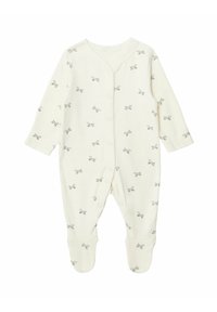 Långärmad, krämfärgad bodysuit i mjukt tyg med tryckknäppning, med ett repetitivt mönster av svarta hundar och fotdesign.