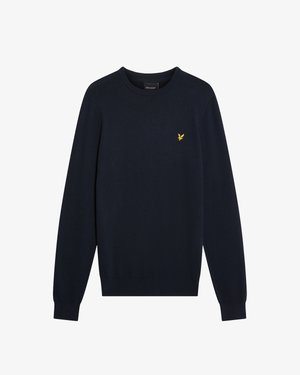 Donkerblauwe gebreide trui met een ronde hals, lange mouwen en een klein geel arendslogo op de borst. Gladde textuur, aansluitende manchetten.