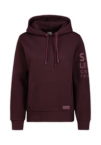 Bordeaux hoodie van een katoenmix met trekkoorden, voorzak en bedrukte branding op de mouw. Ribgebreide manchetten en zoom.