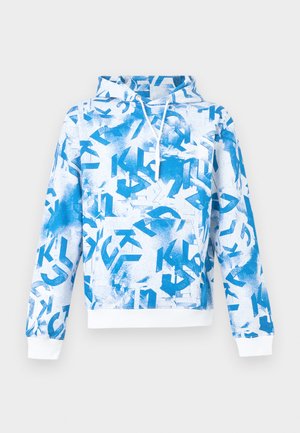 Weißer und blauer Kapuzenpullover mit einem grafischen Muster aus Buchstaben und Formen. Weiche Textur mit gerippten weißen Bündchen an Ärmeln und Saum.