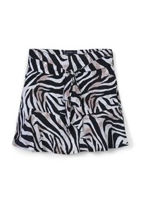 Schwarzer und weißer Zebra-Print Minirock mit vorderem Bindeband und schwingendem Saum, Größe S, Markenlabel sichtbar am Taillenbund.