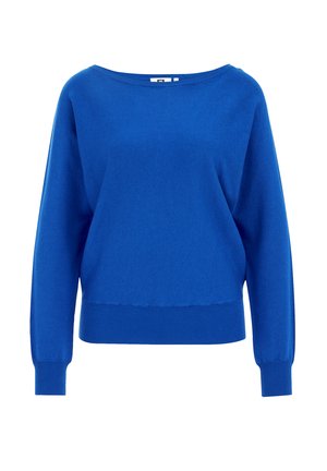 Pull bleu en maille douce, avec un col large, des manches longues et un ourlet côtelé. Design simple, de couleur unie.
