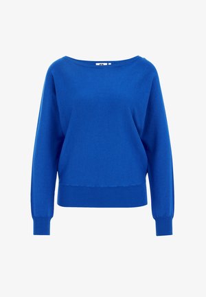 Blauer Pullover aus weichem Strickstoff, mit weitem Ausschnitt, langen Ärmeln und einem gerippten Saum. Einfaches, einfarbiges Design.