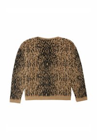 Beige sweater met een zachte textuur, voorzien van een zwart gevlekt patroon. Het heeft een ronde halslijn en lange mouwen, met een losse pasvorm.