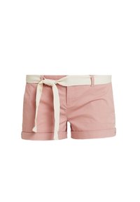 Vaaleanpunaiset puuvillashortsit, joissa on käännetty helma, valkoisesta kankaasta tehty kontrastivyö ja sivutaskut. Sileä pinta, rento muotoilu.