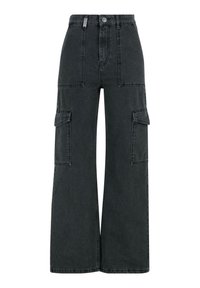 Pantalons cargo en denim noir à jambes larges, avec deux grandes poches latérales, une fermeture à bouton et des détails de couture visibles.
