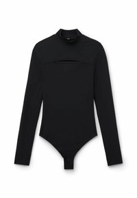 Černý dlouhý rukáv bodysuit s vysokým límcem, jemným předním výřezem, hladkou texturou a patentkami na spodní části.