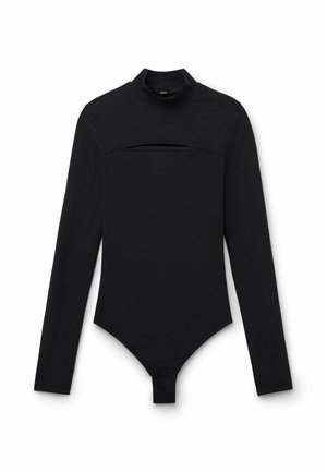 Bodysuit noir à manches longues avec un col haut, une subtile ouverture à l'avant, une texture lisse et une fermeture à pression en bas.