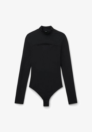 Zwarte longsleeve bodysuit met een hoge hals, subtiele uitsnijding aan de voorkant, gladde textuur en drukknopen aan de onderkant.