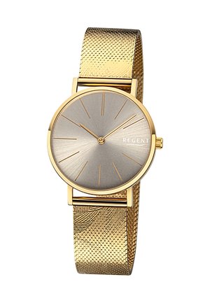 Montre dorée avec un cadran rond argent-gris texturé, de fines marqueurs d'heure dorés, et un bracelet en maille avec un motif tissé.