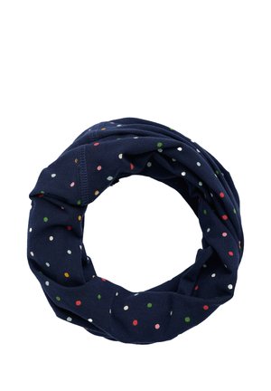 Fular pentru gât din material bleumarin, cu buline multicolore, aranjate în formă de cerc pe un fundal alb.