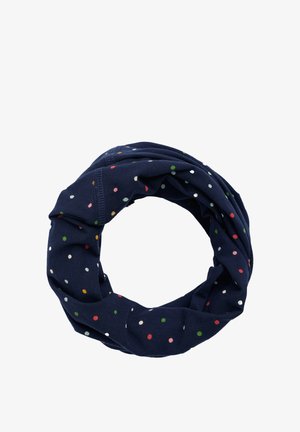 Tumesinist värvi kangast kaelarihm mitmevärviliste täppidega, mis on valgel taustal ringikujuliselt paigutatud.