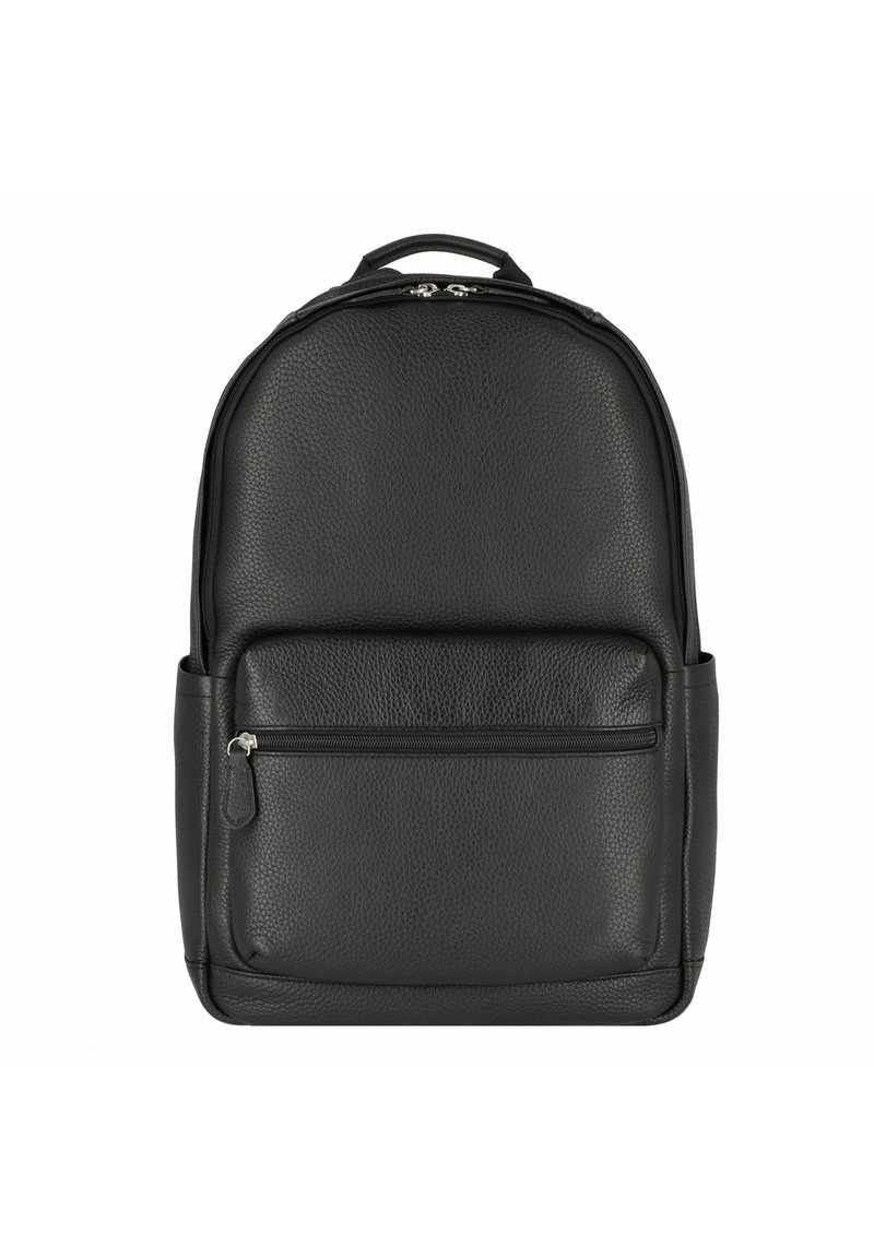 Zaino in pelle nera con superficie testurizzata, forma curvata, manico superiore e tasca con zip frontale. Presenta dettagli in metallo argentato.