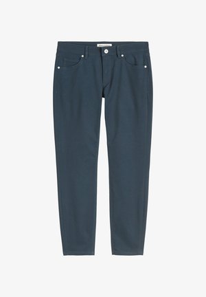 Dunkelblaue, taillierte Jeans aus Baumwollmischung. Verfügt über fünf Taschen, Gürtelschlaufen und subtile Nähdetails. Vorderer Knopfverschluss.