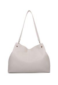 Borsa a mano in pelle beige chiaro con una superficie liscia, caratterizzata da un superiore curvo, manici per spalla e accenti metallici sottili.