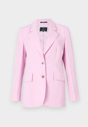 Pink blazer made of smooth fabric with a tailored fit, featuring a notch lapel, two front pockets, and gold-tone buttons.