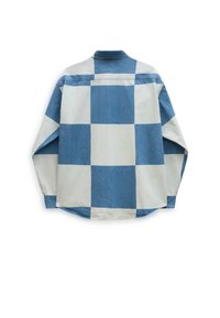 Modrá a krémová kostkovaná košile na knoflíky, dlouhé rukávy, s límcem a zakřiven ým lemem, vyrobená z denimu s hladkou strukturou.