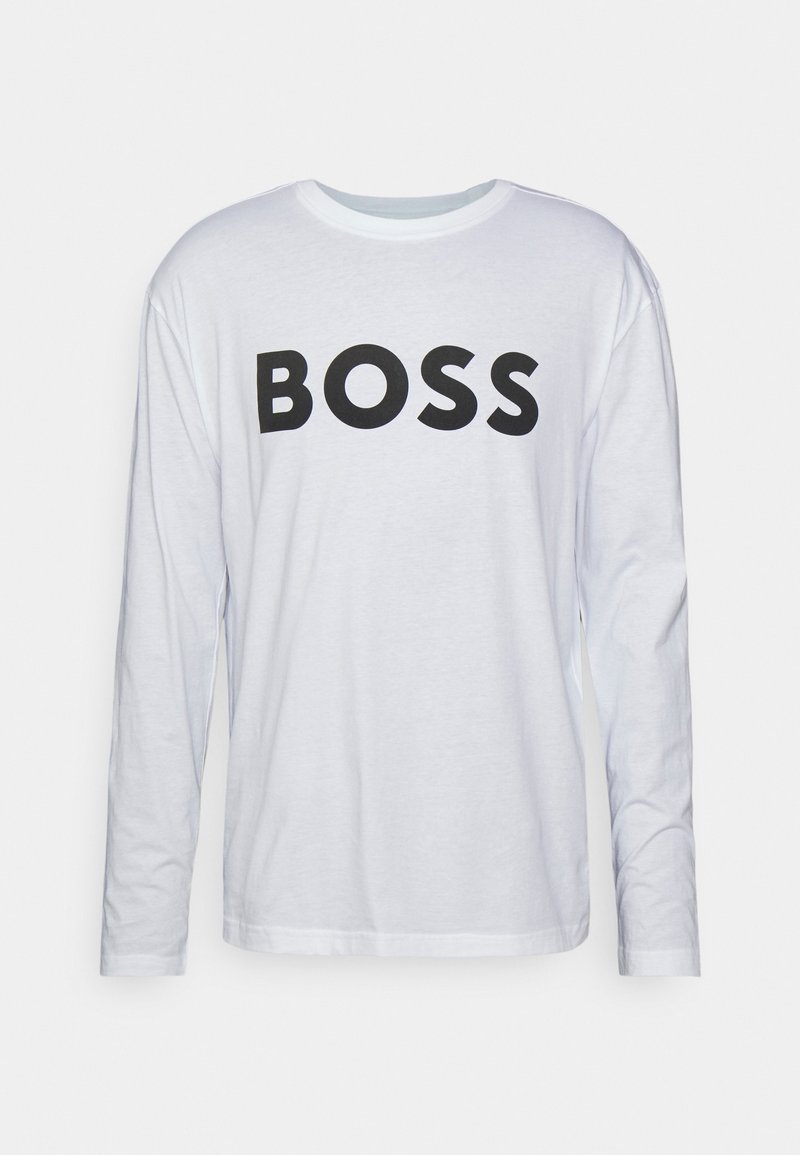Bílé tričko s dlouhým rukávem vyrobené z bavlny, s odvážným černým potiskem "BOSS" na přední straně. Klasický kulatý výstřih a volný střih.