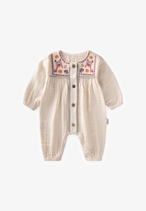 Baby-Strampler in Cremefarbe mit langen Ärmeln, braunen Knöpfen vorne, gesticktem Blumenkragen und Druckknöpfen an den Beinen.