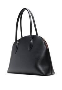 Borsa a mano in pelle nera con silhouette arrotondata, doppio manico e texture sottile. Presenta una chiusura a zip e un design minimalista.
