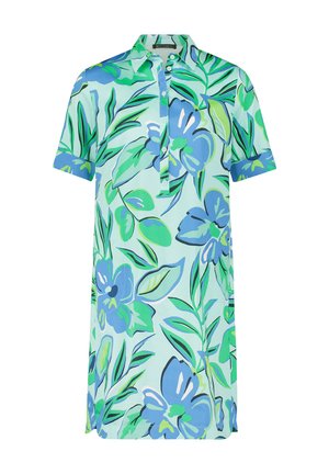 Blumenhemdkleid in Hellblau mit grünen und blauen botanischen Mustern, kurzen Ärmeln, Knopfverschluss und Kragen. Glatte Stofftextur.