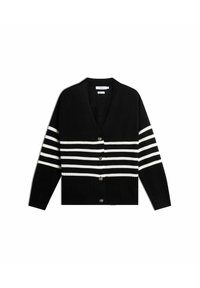 Cardigan nero con righe orizzontali bianche, collo a V, maniche lunghe, polsini e orlo a coste, con quattro bottoni sul davanti.