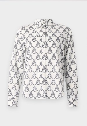 Weißes Hemd mit knöpfen, langarm, mit einem marineblauen Seilmuster. Hergestellt aus einem leichten Stoff mit einer weichen Textur.