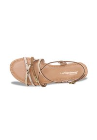 Sandal in pelle con una base beige e cinturini marrone chiaro e dorati. La suola è piatta e presenta dettagli di cucitura intricati.