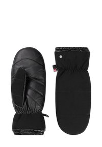 Schwarze Handschuhe mit Lederhandfläche und weichen Stoffseiten. Verfügt über elastische Bündchen und ein gestepptes Design auf der Handfläche für Wärme und Grip.