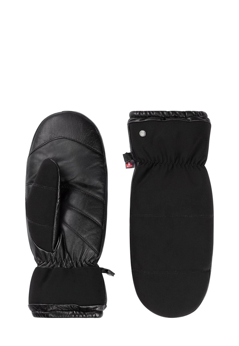 Schwarze Handschuhe mit Lederhandfläche und weichen Stoffseiten. Verfügt über elastische Bündchen und ein gestepptes Design auf der Handfläche für Wärme und Grip.