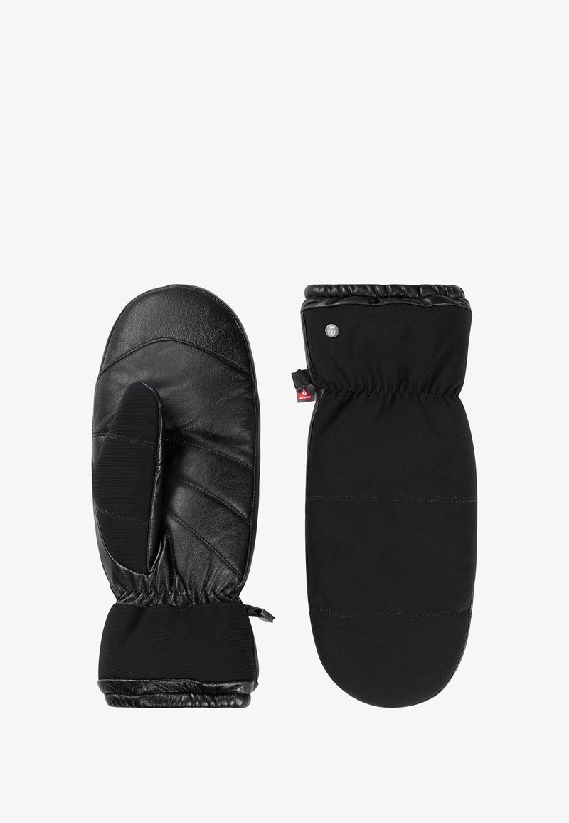 Schwarze Handschuhe mit Lederhandfläche und weichen Stoffseiten. Verfügt über elastische Bündchen und ein gestepptes Design auf der Handfläche für Wärme und Grip.