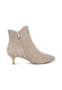 Stivaletti in suede beige alla caviglia con punta affusolata, chiusura con zip laterale e tacco corto texturizzato. Superficie liscia con dettagli minimi.