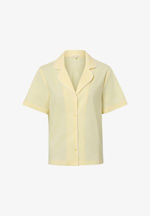 Koszula na krótki rękaw w jasnym żółtym kolorze z guzikami, z kołnierzem z wycięciem i białym obszyciem na krawędziach, prezentowana na białym tle.
