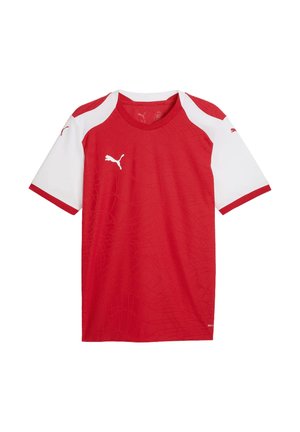 Rotes und weißes Puma Sporttrikot mit kurzen Ärmeln, dezentem netzartigem Muster und Puma-Logos auf Brust und Ärmeln.