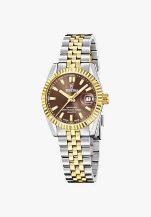 Tweekleurig zilver en goud Festina polshorloge met een bruine wijzerplaat, gouden markers, datumweergave en een metalen schakelarmband.