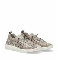 Zapatillas gris claro con una superficie texturizada que presenta pequeños patrones cuadrados. Material suave y flexible, suela de goma blanca y cordones grises.