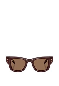 Occhiali da sole rettangolari marroni eleganti con montature spesse e sottili punti dorati agli angoli, dotati di lenti colorate e un logo sulla lente sinistra.