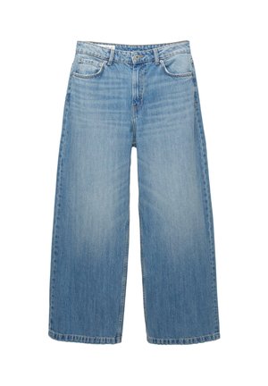 Jeans a gamba larga di un blu chiaro in denim, con un classico design a cinque tasche e chiusura con bottone. Texture scolorita in tutta la superficie.
