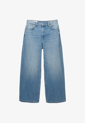 Jeans largi de culoare albastru deschis, fabricate din denim, cu un design clasic cu cinci buzunare și închidere cu nasture. Textură decolorată pe tot materialul.