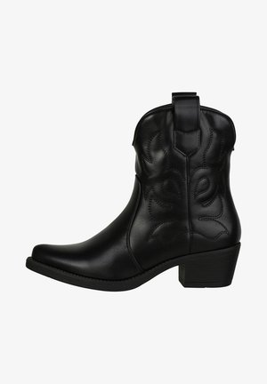 Schwarze Leder-Cowboystiefel mit spitzer Zehenform, dekorativen Nähten, einer Zuglasche oben und einem niedrigen Blockabsatz.