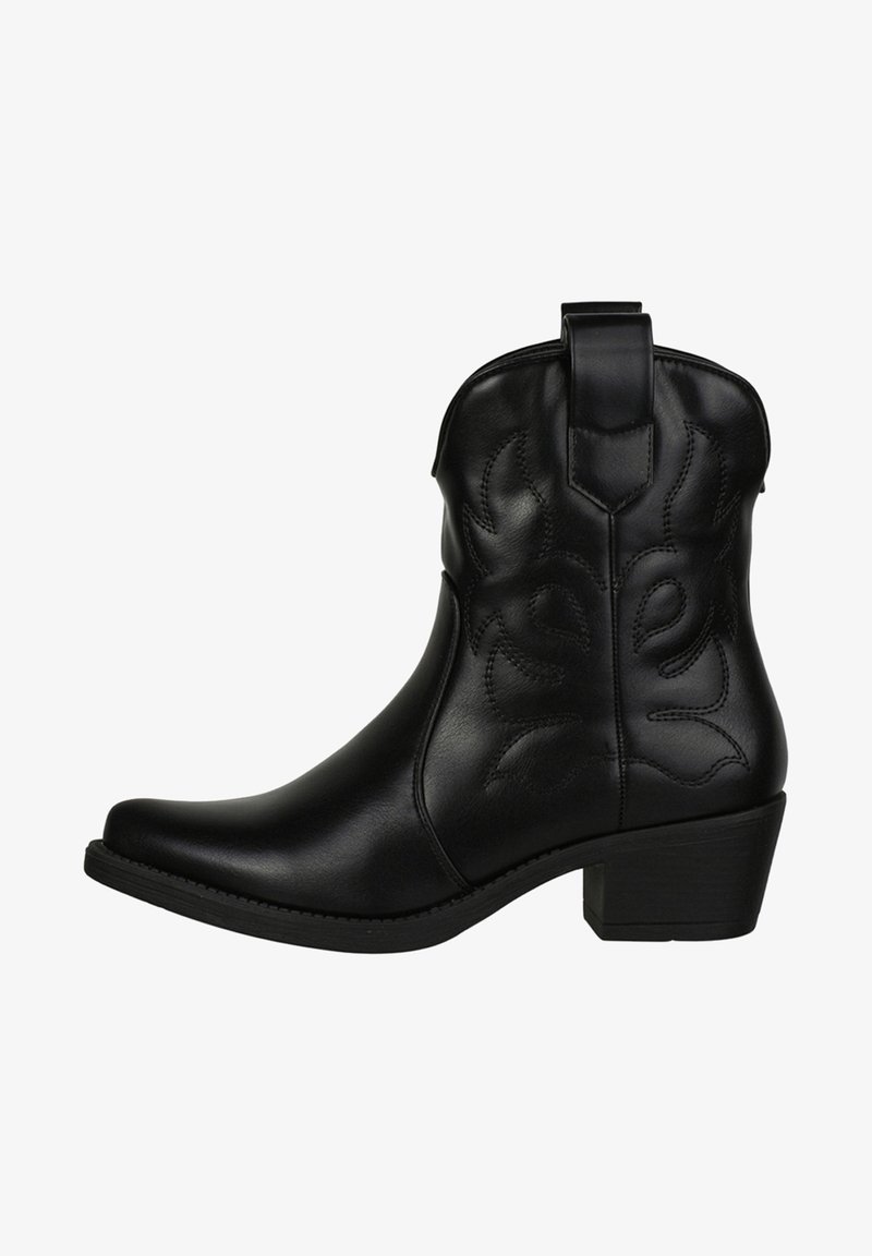 Botas de cowboy de cuero negro con punta afilada, que presentan costuras decorativas, una pestaña en la parte superior y un tacón bajo en bloque.